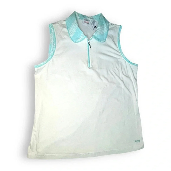 Izod Women’s Sleeveless Polo Shirt XFG Stretch White & Aqua Plaid Collar - XL - Picture 3 of 9
